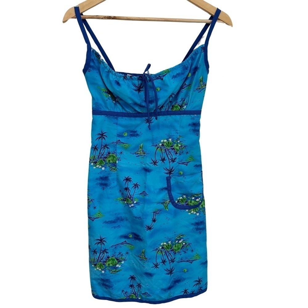 Y2k Hawaiian Print Mini Baby Doll Dress SZ 0 Blue Green Summer Beach GUC